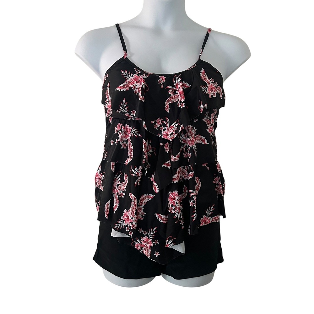 Womens Two-Piece Tank Boy Short Floral Ruffle Adjustable Padded Swimsuit XL
